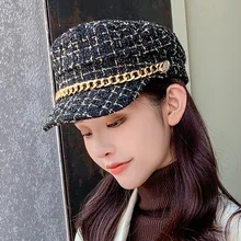 2020 New Plaid Octagonal Hats for Women with Chain Line Cotton Autumn Winter Warm Sailor Caps Bright Fringe Newsboy Ladies Hat