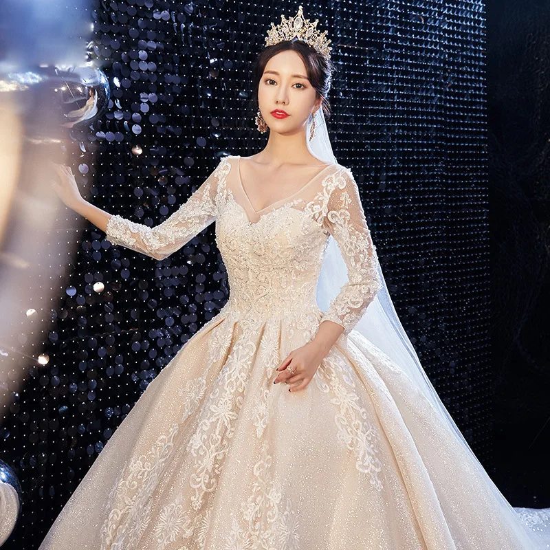 Vivian's Bridal роскошное свадебное платье принцессы, звездное небо, модное блестящее свадебное платье с длинным рукавом и длинным шлейфом, зимнее свадебное платье