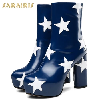 

Sarairis 2020 New Arrivals Genuine Cow Leather Big Size 43 Platform Spring Autumn Boots Female Thick Heels Comfy Ankle Boots