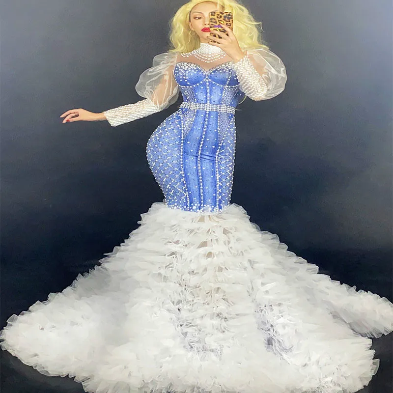 Blue Rhinestones White Feather Dress Women Birthday Long Dresses Evening Party Bar Singer Sexy Costume Model Show | Тематическая