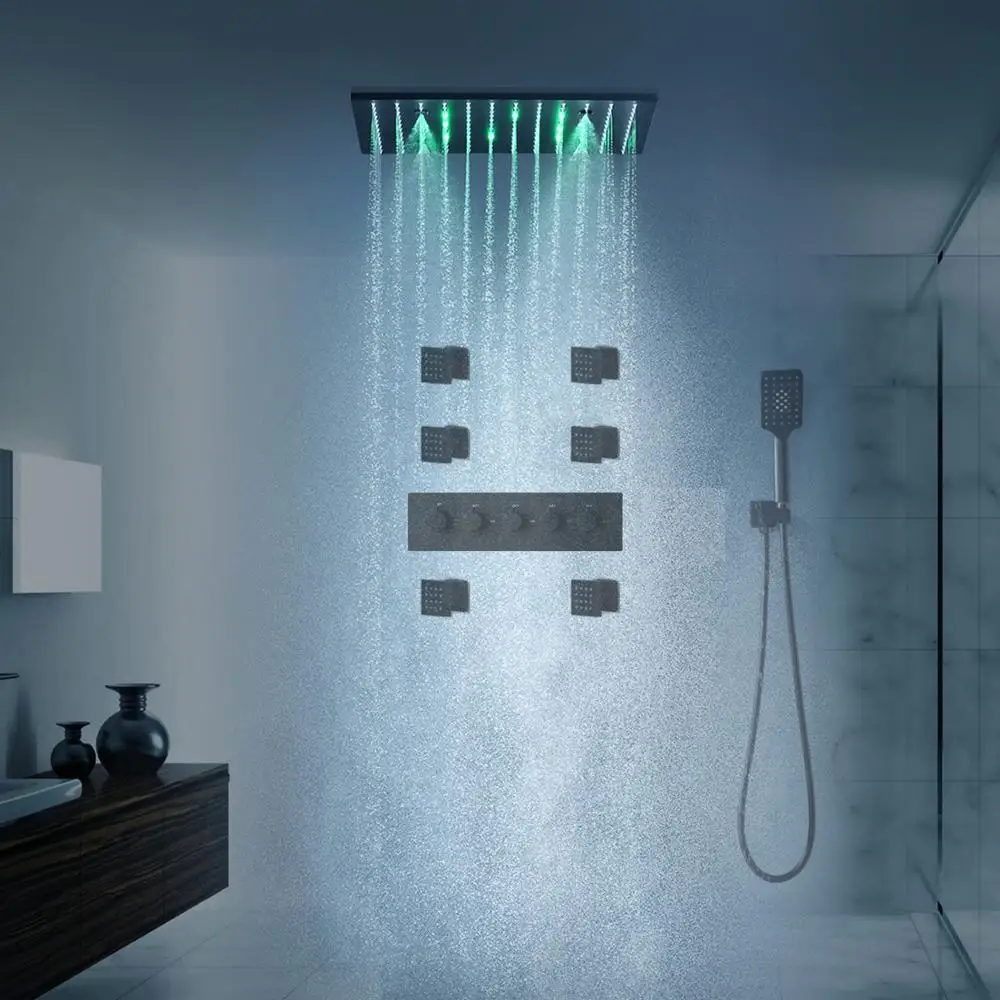 PROD 4001153313074 Bathroom Accessories Matt Black Massage Rainfall LED
Shower Panel Bath Rain Shower Head Faucet Set Thermostatic Mixer Body
Jets