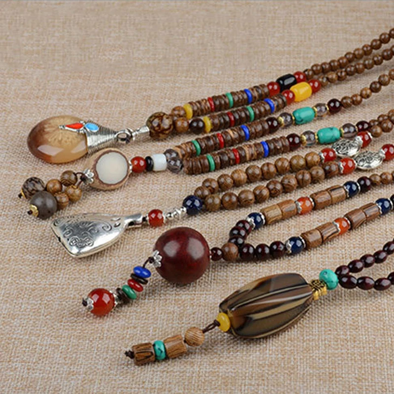 #*Cheap Newest 1PC Ethnic Horn Fish Long Statement Jewelry Nepal Necklace Tassel Long Handmade 18 Colors Buddhist Mala Wood Beads