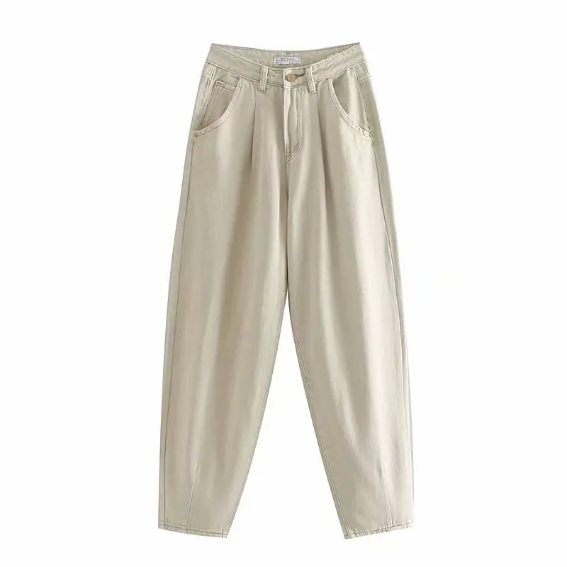 

Beige Harem Cowboy Pants Women Autumn Simple Pocket High Waist Slim Ladies Trousers Casual Long Jean Casual Loose Pants