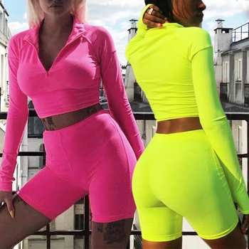

Shorts Fitness Autumn Female Suits 2020 Two Pieces Sets Full Sleeve Zipper Fluorescence New Tops And High Waist Turtleneck