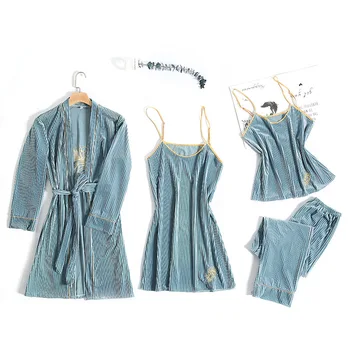 

SEXY Pajamas Suit Velvet Women 4PCS Sleep Set Lace Lounge Home Clothing Sleepwear Autumn Winter New Homewear Intimate Lingerie