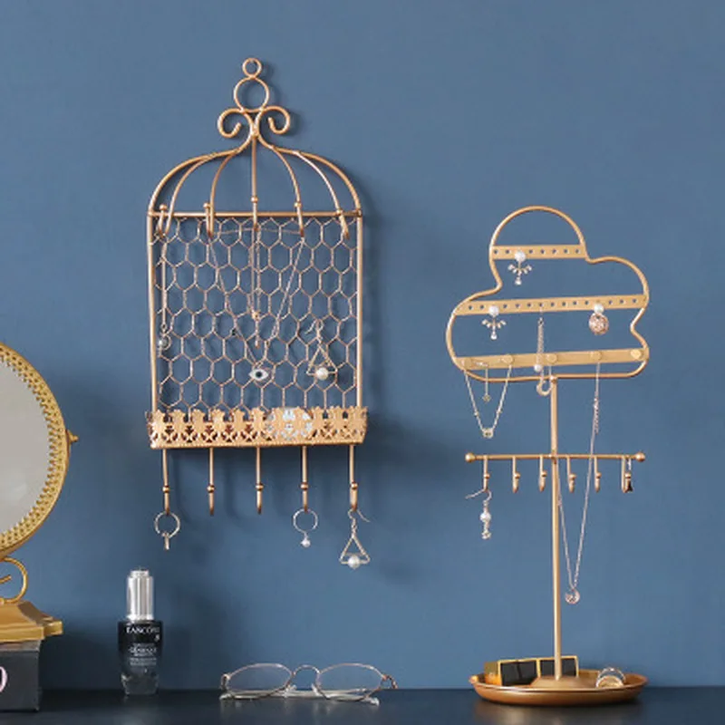 

Earrings Jewelry Storage Rack Display Stand Tray Nordic Light Luxury Tree/Cloud/Bird Cage Style Wrought Iron Table Decoration