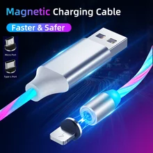 Магнитный USB C Micro USB кабель для iPhone Flow светящийся кабель провод для быстрого заряда type-C 8 Pin зарядное устройство мобильный телефон USB кабель