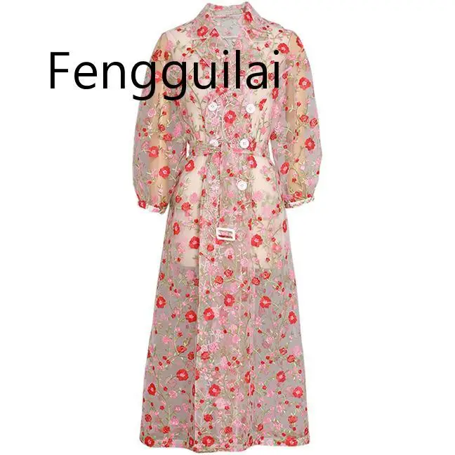 

Vintage Gauze Flower Embroidery Overlay Trench Coat Women Double-Breasted Notched Lantern Sleeve Belt Mesh Long Coat Outerwear