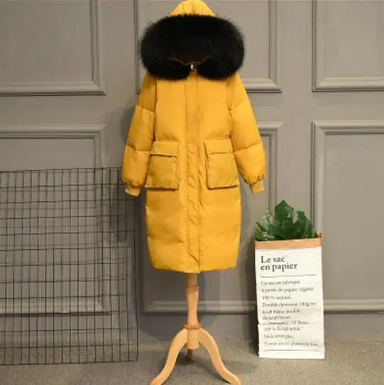 Yellow Black Fur Зимняя женская белая куртка-пуховик на утином пуху, теплая Толстая длинная парка с капюшоном и большим воротником из натурального меха, верхняя одежда, свободное Женское пальто RH01058 - Цвет: Yellow Black Fur