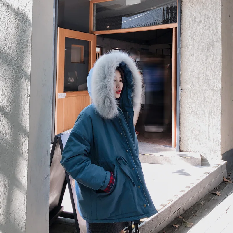 

Workwear Cotton Coat Women's 2018 New Style Drawstring Waist Hugging Loose-Fit BF Thick Mid-length Large Fur Collar Cotton-padde