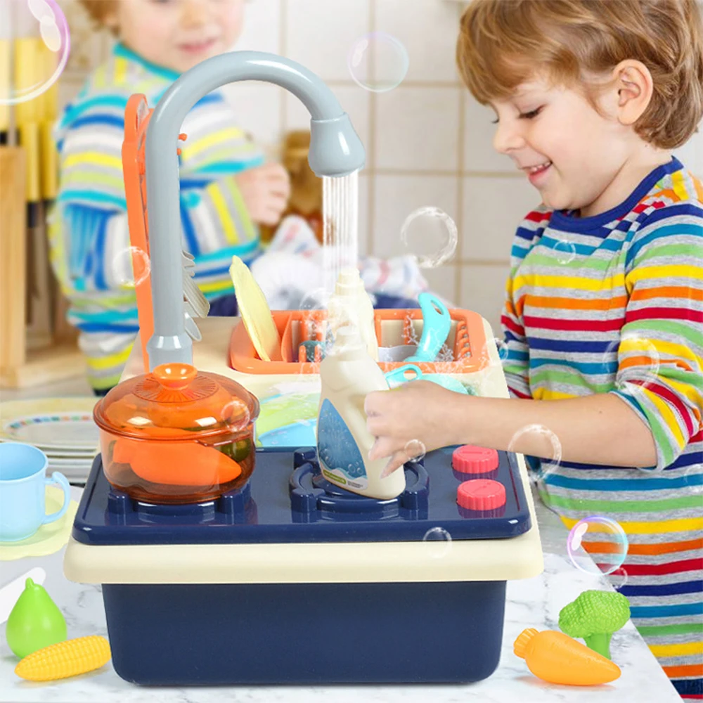 Kitchen Sink Toys Dishwasher Playing Toy with Running Water Automatic Faucets Play House Pretend Role Play Toys for Kids