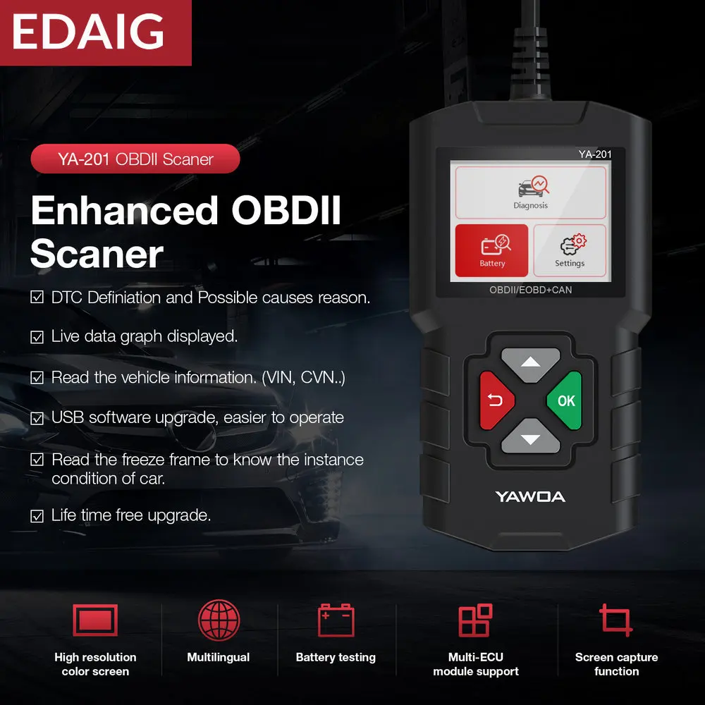 EDIAG YA-201 автомобильный OBD2 сканер двигателя YA201 код ридер Обновление через USB Время жизни OBD 2 автомобиля диагностический инструмент PK NT201 AL319