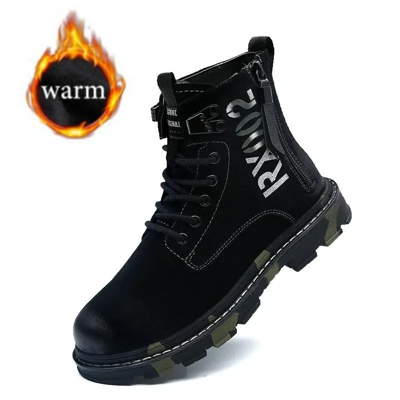 New Genuine Leather Shoes Men Boots Martin Boots Motorcycle Shoes Autumn Winter Shoes Lover Snow Boots Camouflage Big Size - Color: black plush