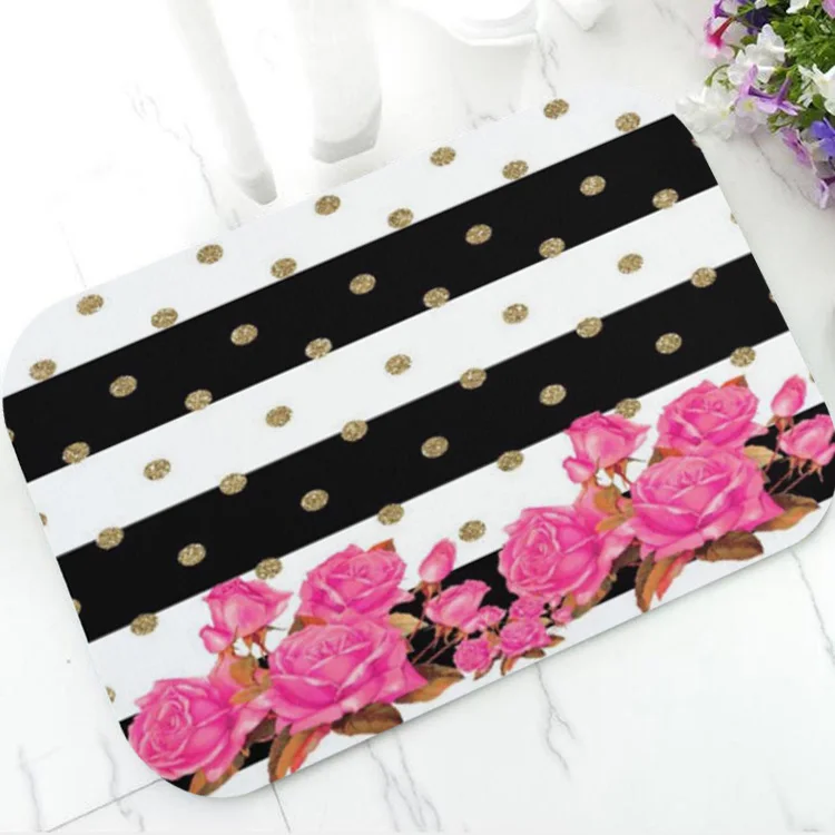 Rose Красочные черно-белые полосы Розовые розы кухня коврик для ванной золотистый в горошек Цветочный резиновый ковер пол коврик вход домашний декор - Цвет: Rose