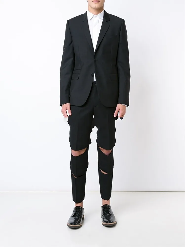 Spring and summer new men's fashion personality casual pants slim knee leg broken hole pants pure color youth pencil pants