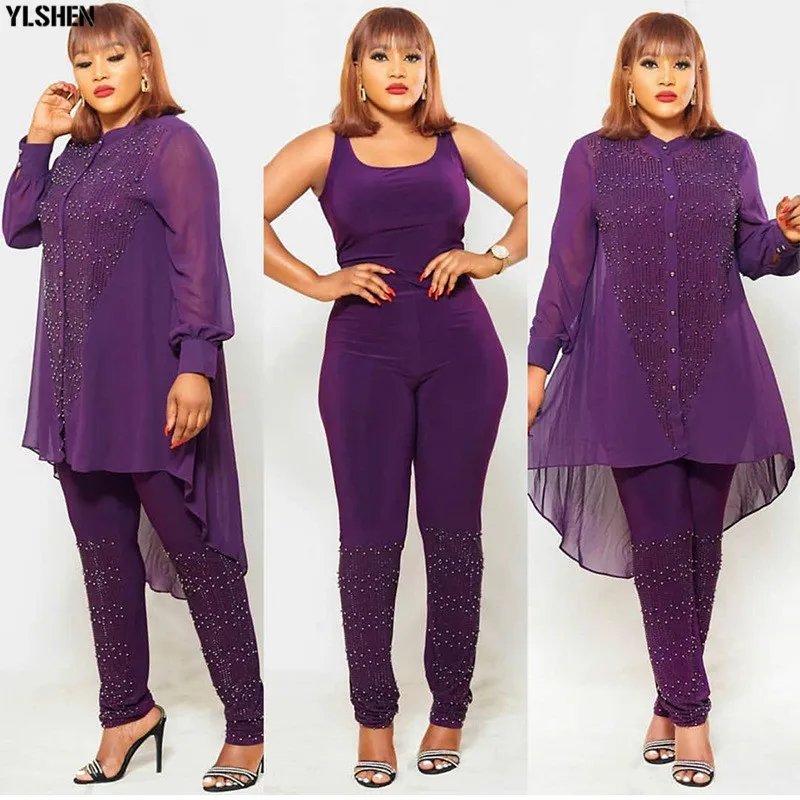 3 Piece Set African Dresses for Women Dashiki Button Diamond African Dress Bodycon Top + Pants Clothes Plus Size Africa Clothing 01