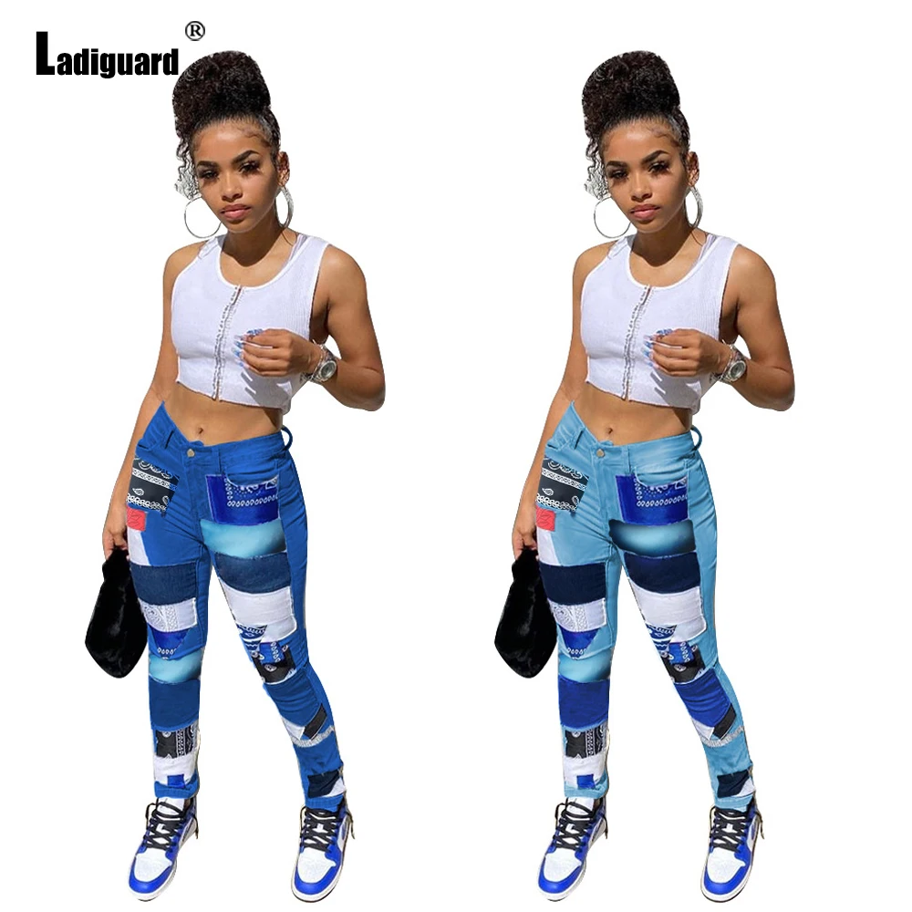 Ladiguard Women's Spliced Fashion Jeans Skinny Denim Pencil Pants Mid Waist Vintage Printed Jean Flare Pants Vaqueros Mujer 2021