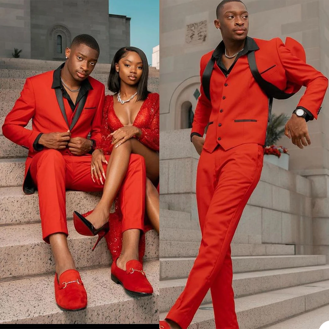 3 Pcs Red Mens Suits With Black Lapel Party Costume Slim Fit Blazer Tuxedos Made (Jacket+Pants+Vest)