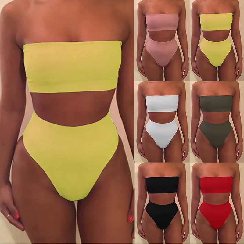 Sexy Bikinis Set Solid Push Up Bikini 2021 Hot Sale Padded Bra Straps High Waist Swimsuit Female Swimwear Women Biquinis