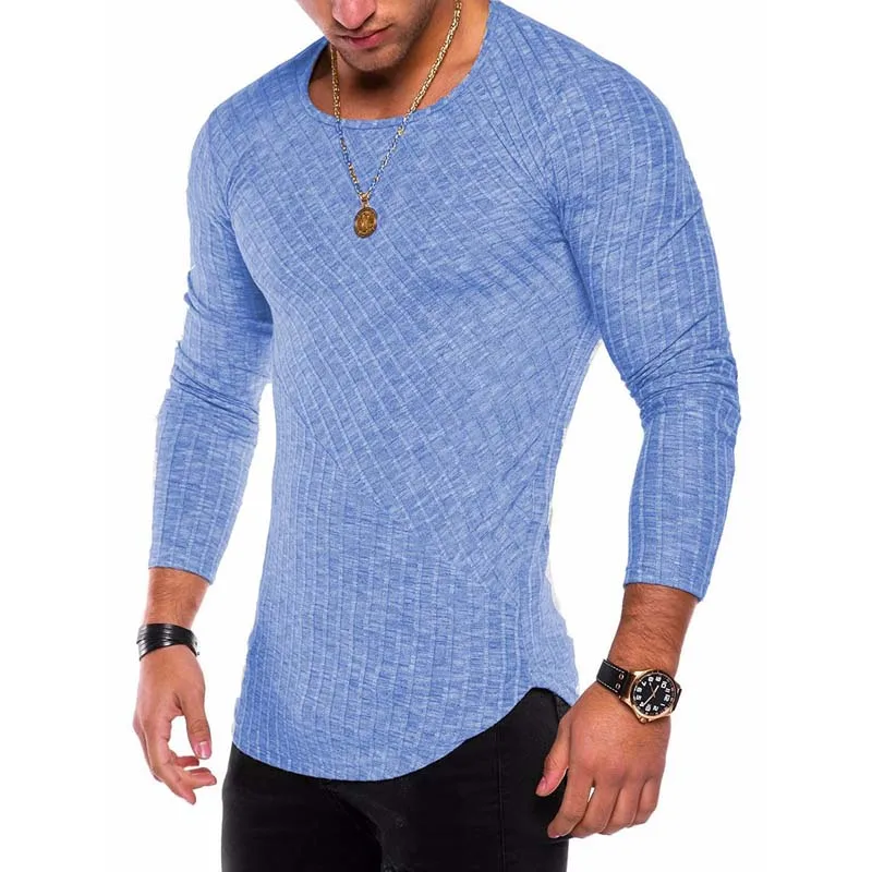 Приталенный мужской свитер размера плюс S-4XL, весна-осень, тонкий вязаный пуловер с круглым вырезом, мужские повседневные однотонные свитера - Цвет: Синий