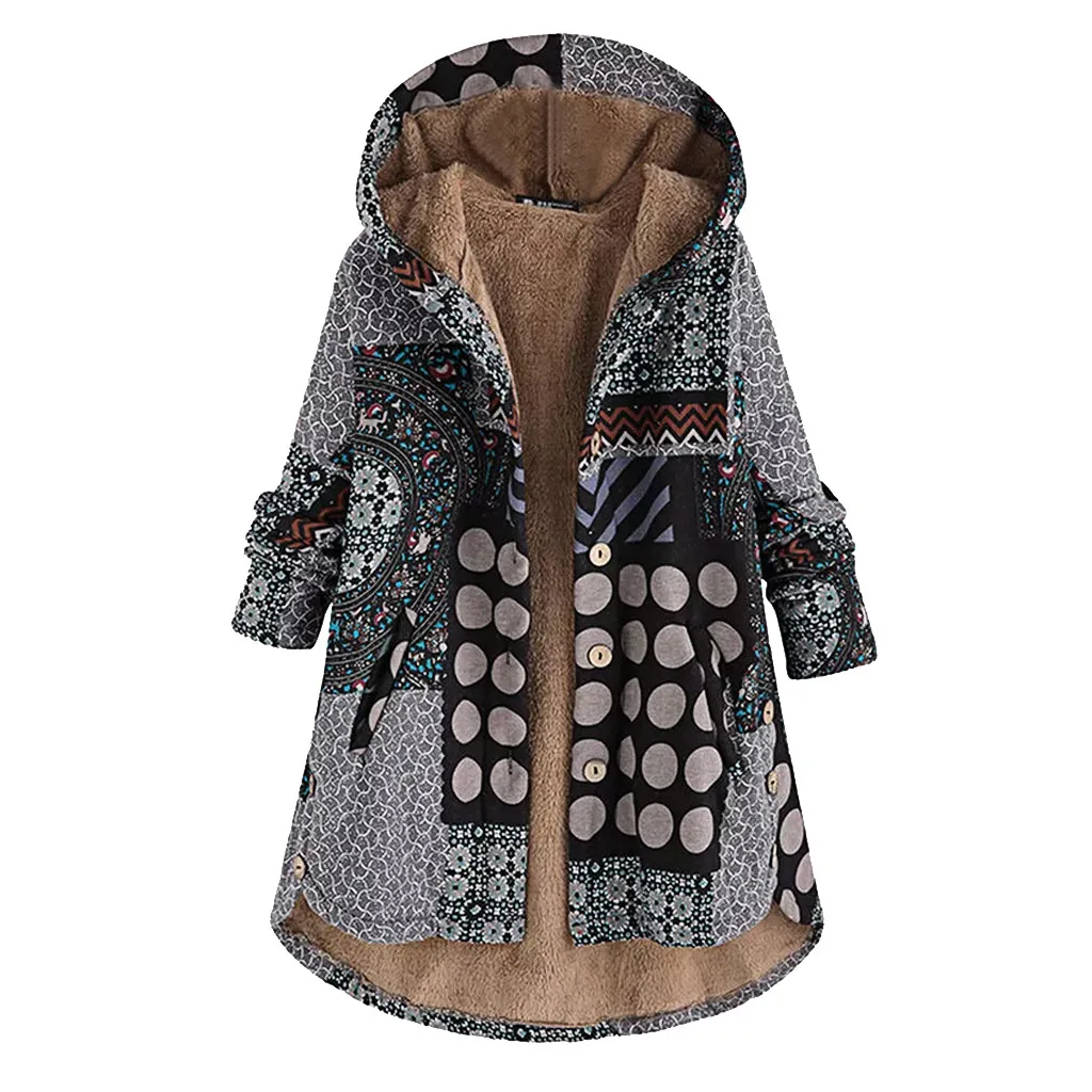 Ideal Women Autumn Winter Coats Casual Warm Outwear Floral Print Hooded Pockets Vintage Oversize Coats bi