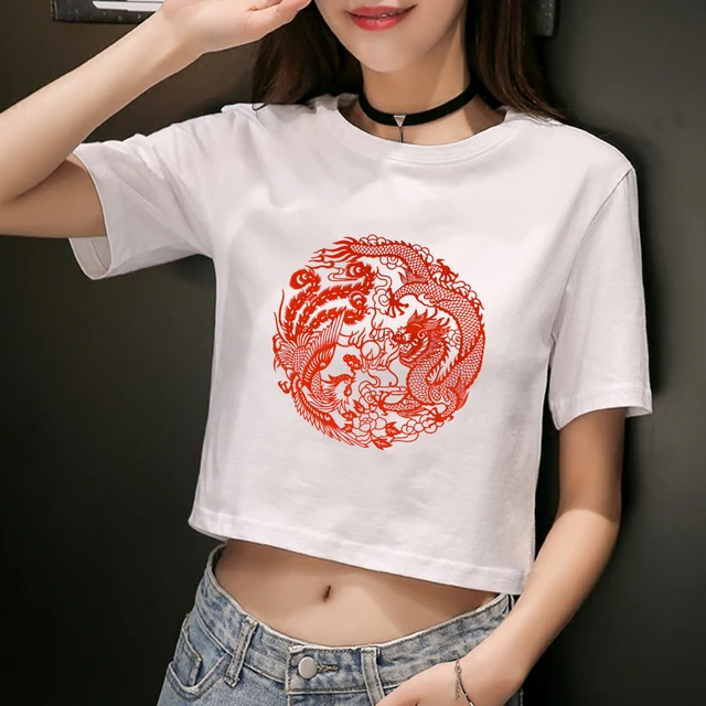 Red Dragon Printed Women Girl Casual Basic Chinese Style T Shirt Ladies Harajuku