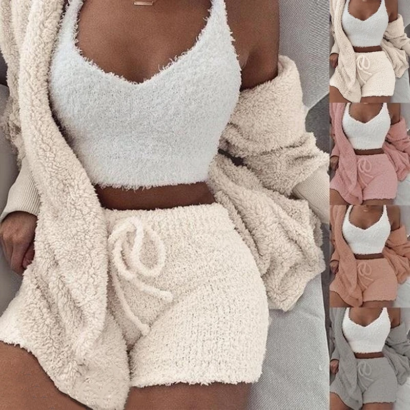 two piece skirt and top Three Piece Sexy Fluffy Sets Velvet Plush Hooded Cardigan Coat+Shorts+Crop Top Women Tracksuit Casual Sports Overalls Sweatshirt plus size sweat suits