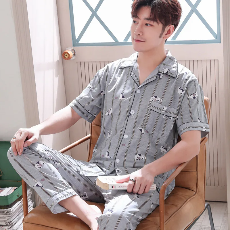 

Pajamas Men Summer Knitted Cotton Short Sleeve Men Trousers Tracksuit Summer Thin Cotton Large Size Set 5904