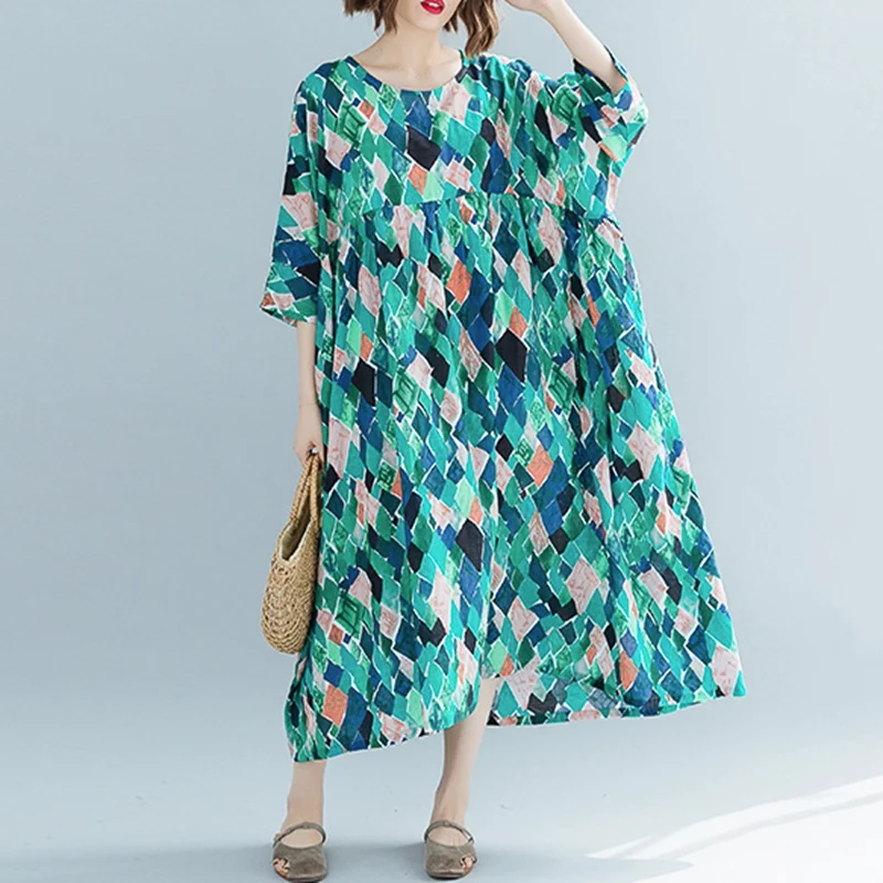 

Summer new large size 8XL 9XL 10XL cotton and linen sleeves round neck print large swing loose fashion dress bust 158CM