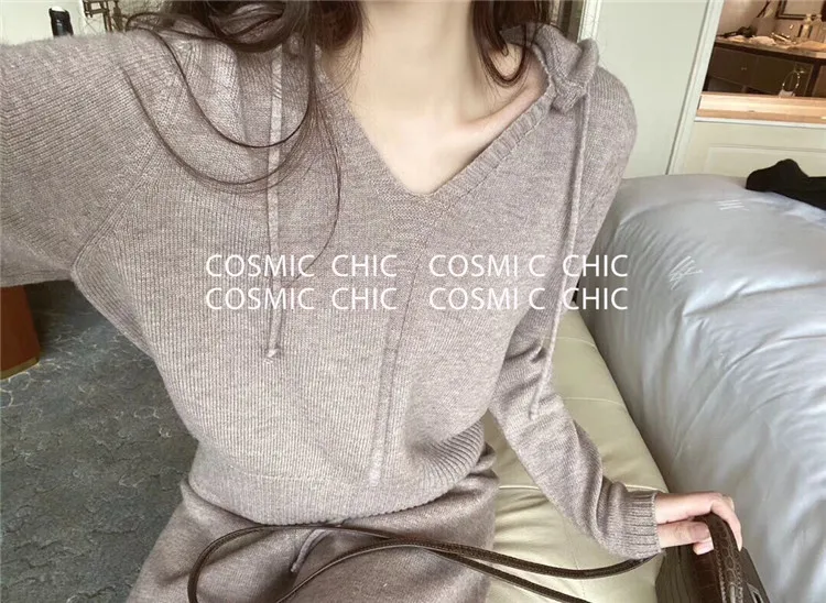 Cosmicchic, женский зимний вязаный костюм, модный, v-образный вырез, Повседневный, с капюшоном, шерсть, спортивный костюм, однотонный, толстовка с длинным рукавом, женский брючный костюм