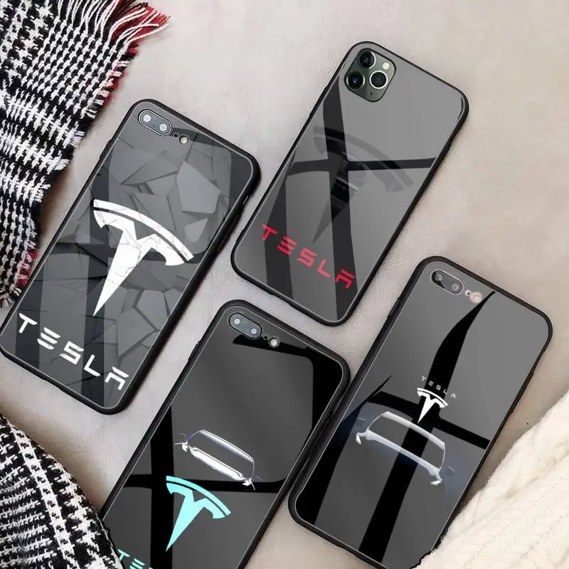 Luxury Brand Car Teslas Phone Cases Glass For Iphone 11 12 Pro Max XR