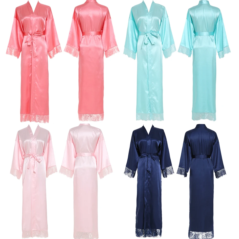 Женское сексуальное длинное простое кимоно для невесты, шелковый халат, атласное платье для сна, свадебное платье, халат, кружевной халат, женские длинные платья