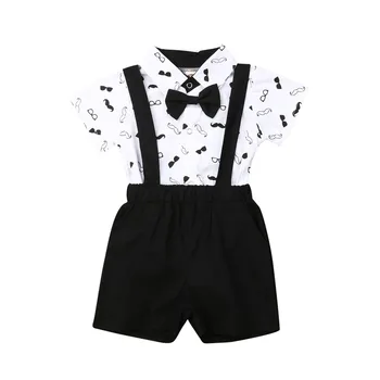 

2020 Hot Newborn Baby Boy Suit Short Sleeve Tie Printed Romper Bib Shorts Fashion Little Gentleman Formal Boys Clothes 2Pcs