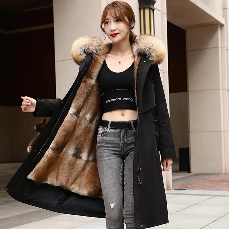 

new women real fur parka winter jacket women long coat real rabbit fur lining detachable big natural fox fur collar hood