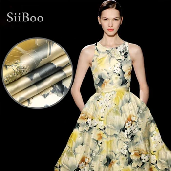 

Luxury yellow floral print spandex silk fabric for dress heavy stretch charmeuse silk yarn tissue cloth tela tejido 19mm SP2966