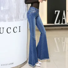 Большие размеры XL модные эластичные женские расклешенные джинсы с кисточками тонкие женские длинные расклешенные джинсы женские широкие брюки