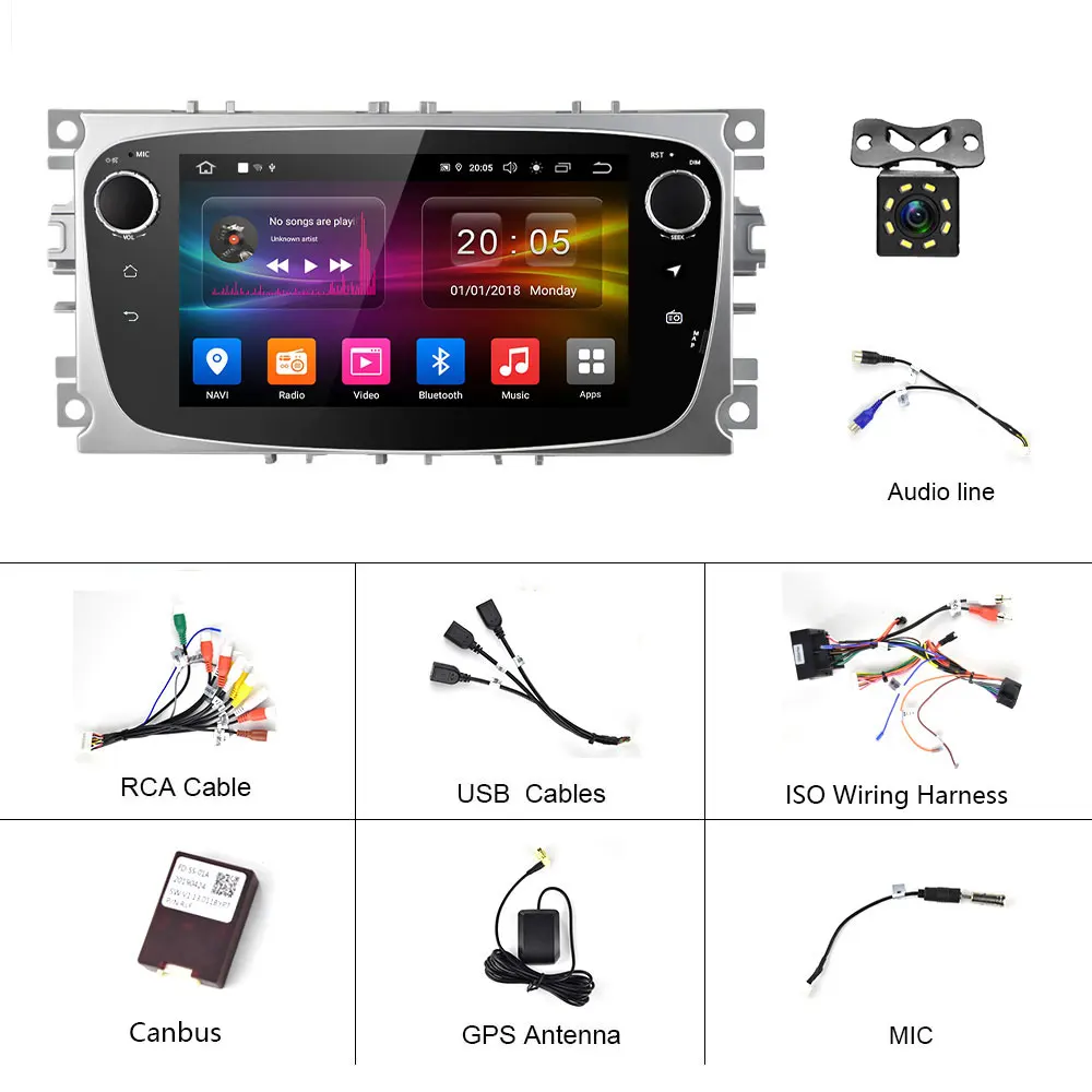 Camecho Android 9,0 Автомагнитола 2 Din " HD gps Автомобильный мультимедийный плеер WiFi для Ford Focus Mondeo Kuga C-MAX S-MAX Galaxy - Цвет: With 8 IR Camera