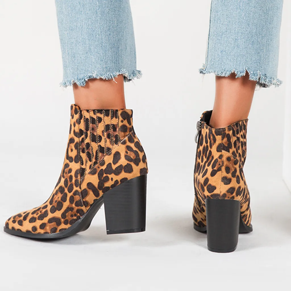 Stylish Women's Sexy Ankle Boots Winter Leopard Print Pointed Suede Chelsea Boot Fashion Female High Heel Party Casual Shoes Zip