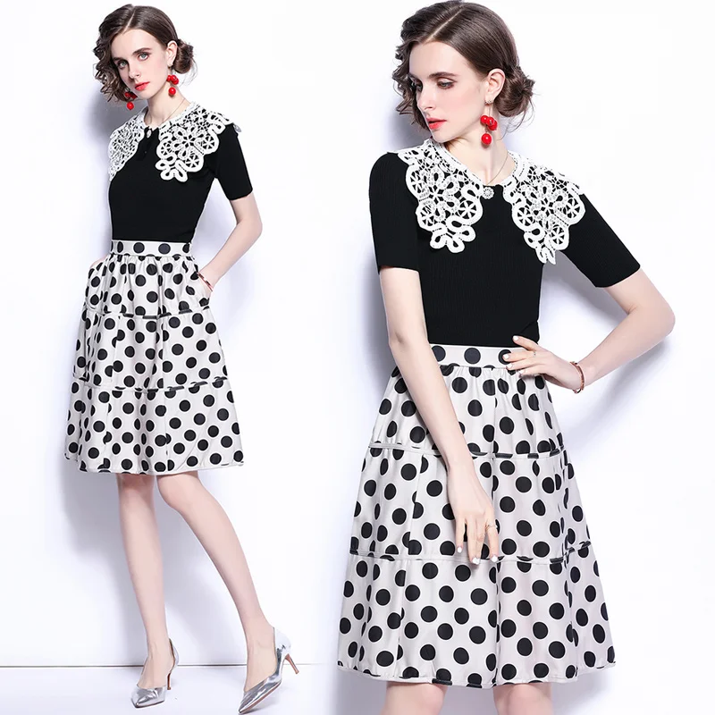 

2021 New Women Two Piece Set Lace Office Lady A-LINE Knee-Length Set Kintting Black T-Shirts WIth Skirt O-Neck Women Summer Set
