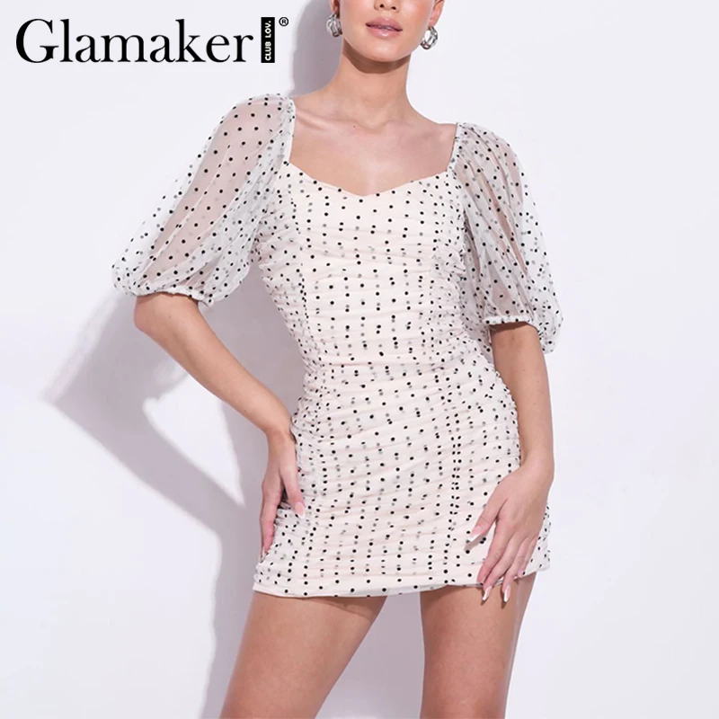 Glamaker, сексуальное Белое платье, бодикон, винтажное, в горошек, платье для вечеринки, женское, с открытой спиной, с рюшами, пышное, с короткими рукавами, Клубное, мини-платье для женщин