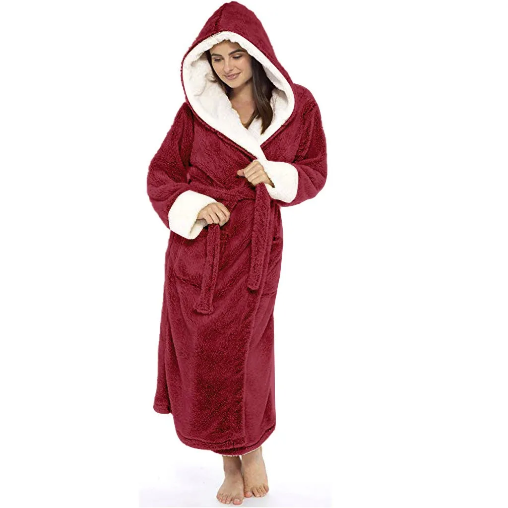 Winter Plush Lengthened Shawl Soft Bathrobe With Hood Women Nightgown Home Clothes Warm Bath Robes Dressing Gowns Robe Coat 12.5