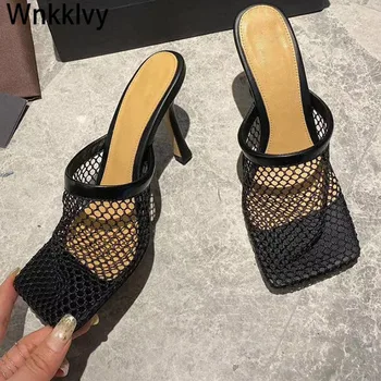 

2020 summer slippers hollow out fishnet square toe thin high heel runway design sandals female mullers sexy pumps sandalias