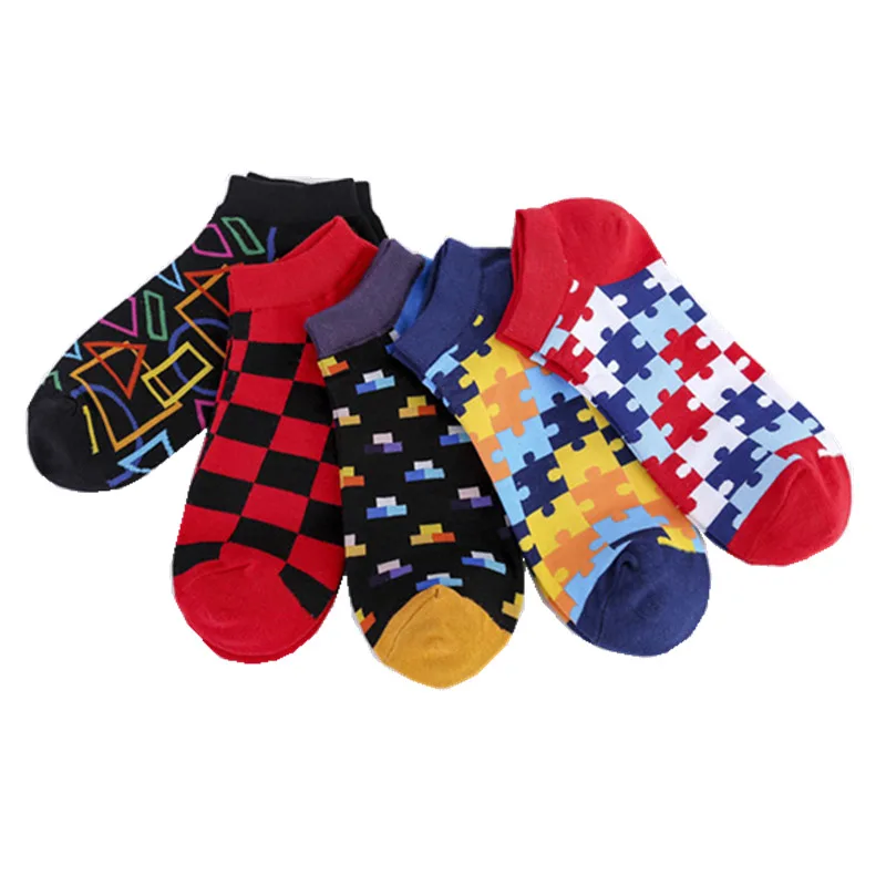 LIONZONE Puzzle Men Socks Summer Spring Invisible Boat Sock Non-slip Male Fashion Cotton Colorful Art Socks