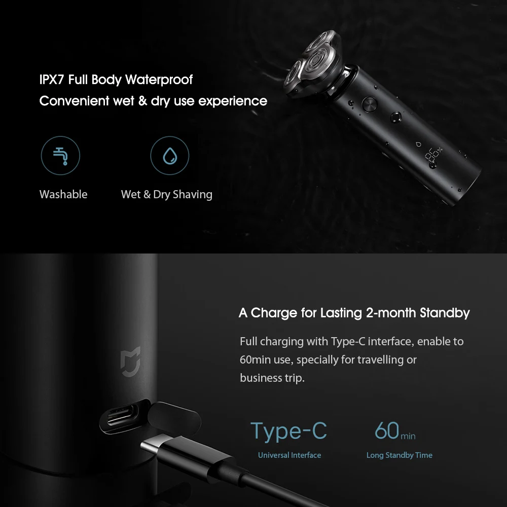 Xiaomi Mijia электробритва S500 IPX7 Водонепроницаемый Для мужчин бритва с 3 головы сухой мокрой двойное лезвие удобные чистке с светодиодный Дисплей машинка для стрижки бороды и усов;
