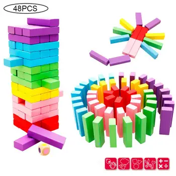 

48pcs Rainbow Wooden Colorful Blocks Kits Building Jenga Puzzle Board Game Children Educational Block Toys for Kid Gift