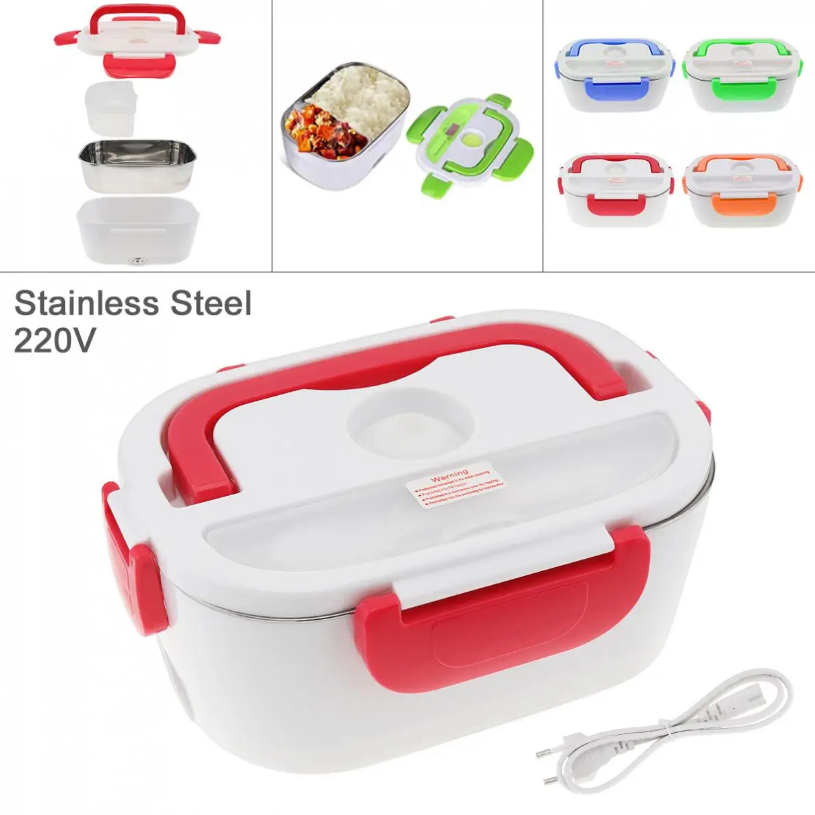 1.5L Split-type Stainless Steel+ ABS Portable Food Warmer Heating Keeping Electric Lunch Box with Spoon / EU Charging Line