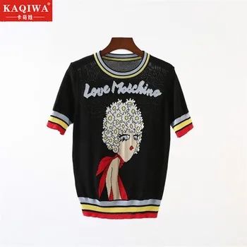 

Beauty pattern short sleeve knitted pullover 2020 summer new women's color contrast bottoming Korean fashion versatile top