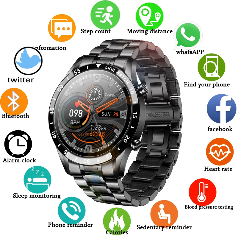 LIGE 2020 New Mens Activity Smart Watch Full Touch Screen Bluetooth Call Steel Band Smartwatch For Android IOS Phone Waterproof