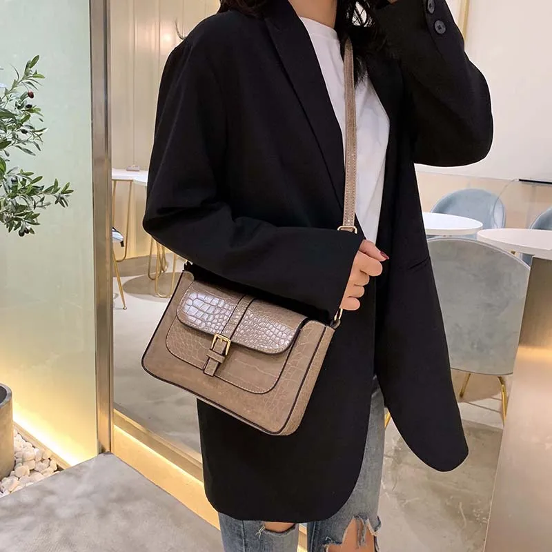 Crocodlie Belt Buckle Designer Pu Leather Crossbody Bags For Women Shoulder Messenger Bag Lady Stone Pattern Handbags Purse