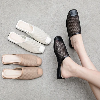 

Hollow breathable mesh woman sheepskin leather slippers summer flat with girl mules shoes runk sandals retro slidess